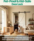 Child and dog view pet-proof and kid-safe door lock on barn door in a cozy living room setting.