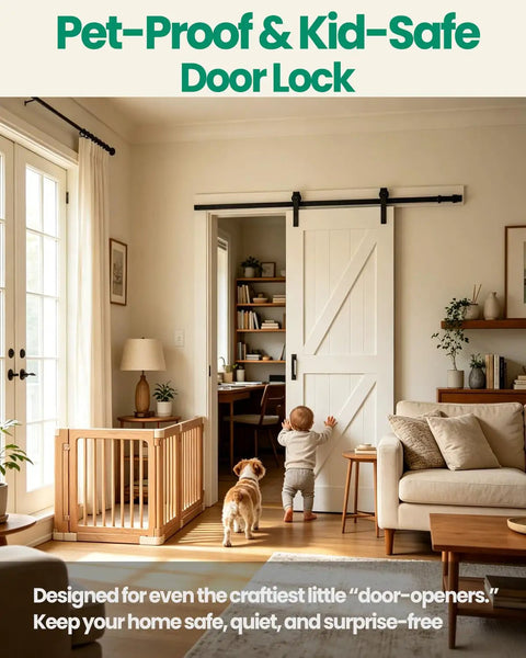 Child and dog view pet-proof and kid-safe door lock on barn door in a cozy living room setting.