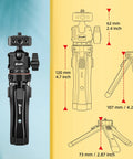 Do-It-All Travel Tripod Kit With One Quarter Inch Screw Adapter For Recording And Vlogging Includes Phone Clip Action Cam Adapter iPhone Vlogging Stand And 360 Degree Ball Head For Rock-Solid Flexible Shots, dimensions shown