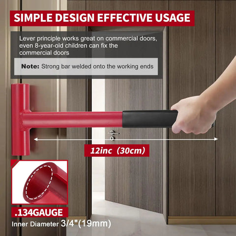 Long Handle Hinge Bender Wrench For 134 Gauge Commercial Doors With Rubber Grip demonstrated on wooden door