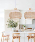 Rattan Chandelier 1 Light Boho Coastal Wicker Handwoven Pendant Light for Kitchen, 15.74" Wide by 15.74" High, with White Accent Stripes