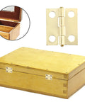 Small Brass Hinges Pack Of 50 With 7mm Screws for wooden and jewelry boxes, shown installed on a wooden box.