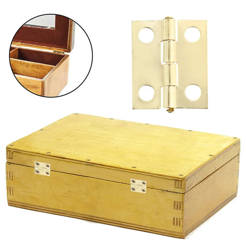 Small Brass Hinges Pack Of 50 With 7mm Screws for wooden and jewelry boxes, shown installed on a wooden box.