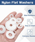 Premium M3 Nylon Flat Washers 155 Pack White Plastic Plain Spacers for screws and bolts in a hand, showing various sizes.