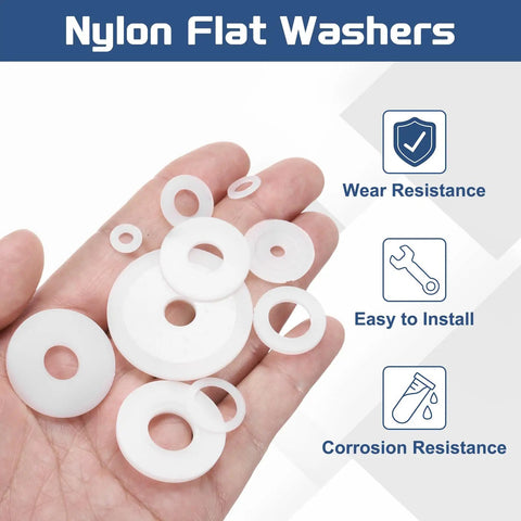 Premium M3 Nylon Flat Washers 155 Pack White Plastic Plain Spacers for screws and bolts in a hand, showing various sizes.