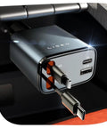 Retractable Car Charger 84W USB C Fast Charge For 12V Cigarette Lighter Sockets showing ports and retractable cables