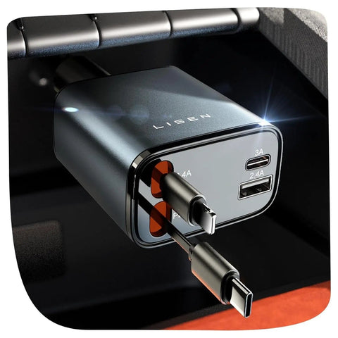 Retractable Car Charger 84W USB C Fast Charge For 12V Cigarette Lighter Sockets showing ports and retractable cables