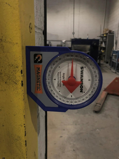 No Sweat Magnetic Angle Finder With Dial Pitch And Slope Gauge, V Grooved Ceramic Magnet Base for Precision Pipe Fitting, displaying 90-degree angle.