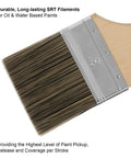 Close-up of a 3-inch chip paint brush with wooden handle and synthetic bristles, details of the filaments highlighted.