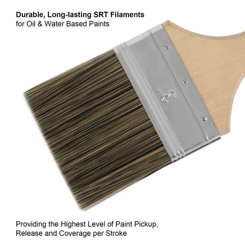 Close-up of a 3-inch chip paint brush with wooden handle and synthetic bristles, details of the filaments highlighted.