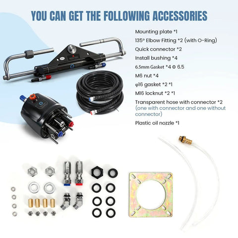 Beefed Up 150HP Outboard Hydraulic Steering Kit accessories including hydraulic pump, cylinder, and installation hardware.