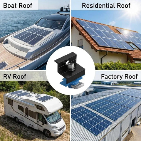 12 Pack Black Aluminum Solar Panel End Clamps For Standard Unistrut 30mm And 35mm Mounting Brackets With Hardware For Metal Tin Flat And Sheet Roof Solar Installation on various roof types