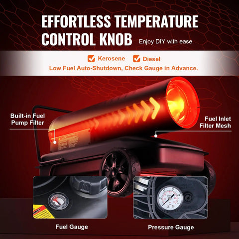 Kerosene Forced Air Heater 175000 BTU Portable Space Heater With Thermostat shown in a workshop setting