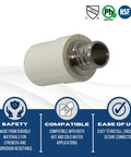 Three Quarter Inch Pex To CPVC Barb Crimp Transition Couplings Pack Of Ten displaying one coupling emphasizing safety, compatibility, and ease.