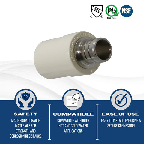 Three Quarter Inch Pex To CPVC Barb Crimp Transition Couplings Pack Of Ten displaying one coupling emphasizing safety, compatibility, and ease.