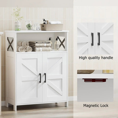 Farmhouse Style Bathroom Storage Cabinet with 2 Doors and Adjustable Shelves, Barn Door Look, White, in living room setting