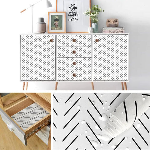 Black And White Peel And Stick Herringbone Wallpaper For Bathroom Modern Geometric Self Adhesive Contact Paper 17.7 By 118.1 Inches 14.5 Sq Ft Vinyl Removable With No Residue Easy To Install on furniture and drawers, detail view, easy to cut and apply.