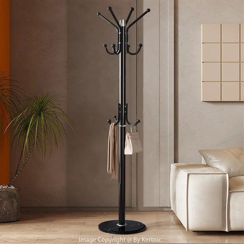 Freestanding Modern Coat Rack With Natural Marble Base And No Wobble Metal Frame 11 Hooks Hall Tree in living room