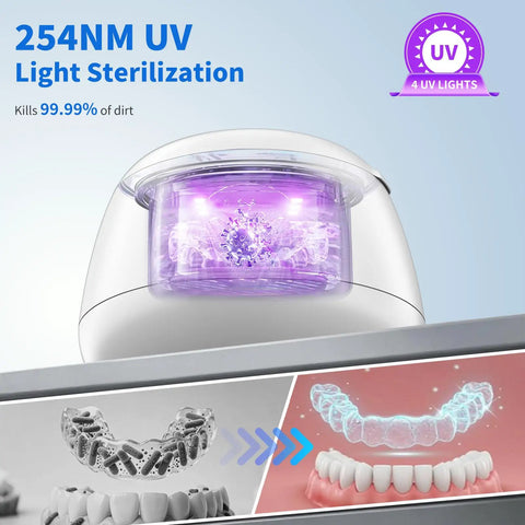 Ultrasonic Retainer Cleaner Pod With 48kHz Deep Cleaning Pro Grade, UV lights, dental aligners and dentures illustration
