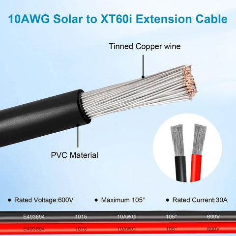 Heavy Duty 10 AWG Solar to XT60i Extension Cable tinned copper and PVC materials diagram