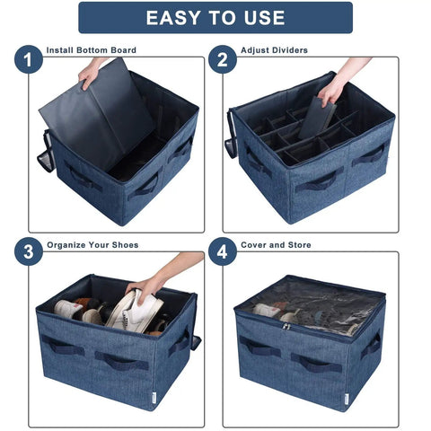 Game Changer Closet Shoe Organizer With Clear Cover And Adjustable Dividers Holds Up To 16 Pairs Navy Blue in use steps