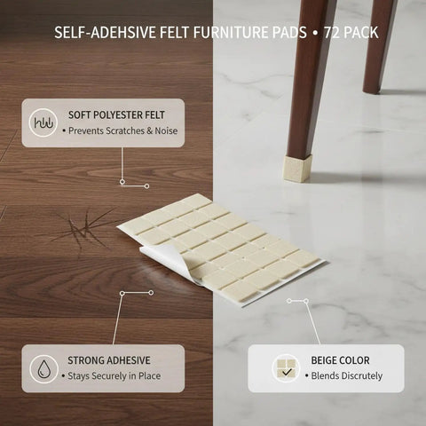 72 Pack Beige Felt Furniture Pads Self Adhesive Square Floor Protectors for Hardwood and Tile shown on brown and tile floor