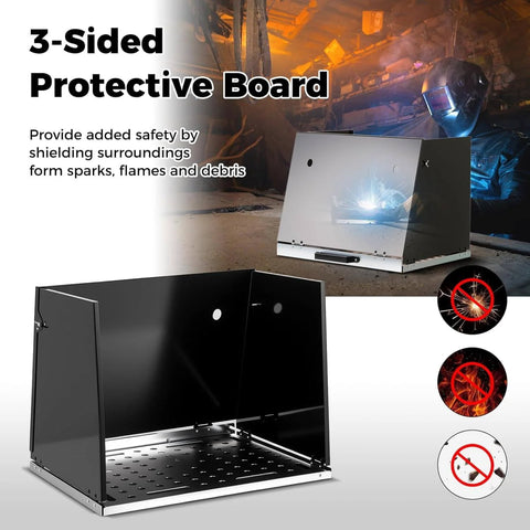 Foldable Welding Table Portable 17 By 20 Inches Weld Tabletop with 3 protective panels shown in a workshop setting.