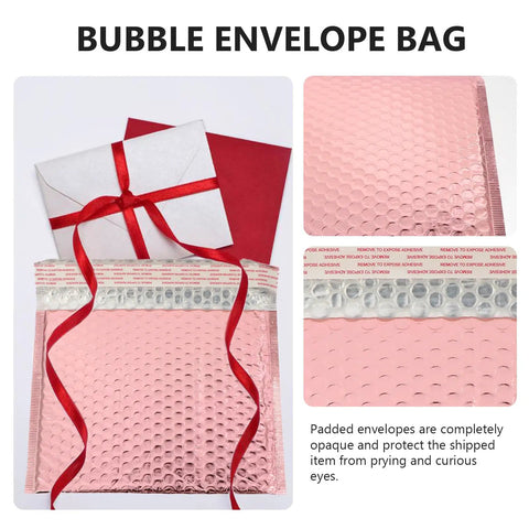 Rose Color Air Bubble Mailers Padded Envelopes Self Seal 25x20cm with red ribbon and adhesive strip