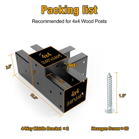 4 Way Pergola Brackets Kit Heavy Duty 4x4 Wood Corner Brackets with Screws, metal brackets dimensions and screw shown