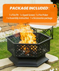 Hexagon 28 Inch Wood Burning Fire Pit with Spark Screen and Poker for outdoor use in black steel, showing package contents.
