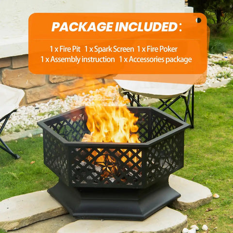 Hexagon 28 Inch Wood Burning Fire Pit with Spark Screen and Poker for outdoor use in black steel, showing package contents.