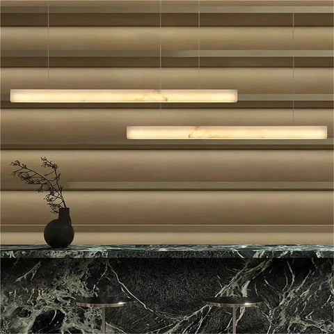 Natural Marble LED Pendant Light Modern Linear Hanging Lamp for Hotel Lobby Restaurant Dining Table Living Room Bedroom Lighting,Space above a marble bar.