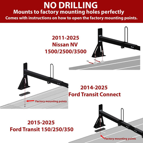 Installation guide for Heavy Duty Van Ladder Rack With Side Rollers And Cargo End Stops For Ford Transit Nissan Vans with no drilling.