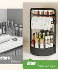 Rotating Spice Rack With Paper Towel Holder No Fuss Two Tier Lazy Susan For Spices Iron Kitchen Organizer Black showing tidy countertop