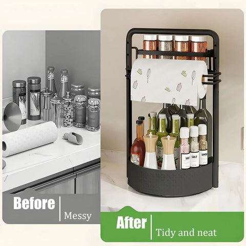 Rotating Spice Rack With Paper Towel Holder No Fuss Two Tier Lazy Susan For Spices Iron Kitchen Organizer Black showing tidy countertop
