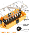 7 Way Trailer Wire Junction Box With Clear Color Coded Cover And 7 Pin Terminal Studs Heavy Duty 7 Gang Trailer Wiring Connector weatherproof electrical box with clear cover shown open, displaying terminal studs and rubber grommets.