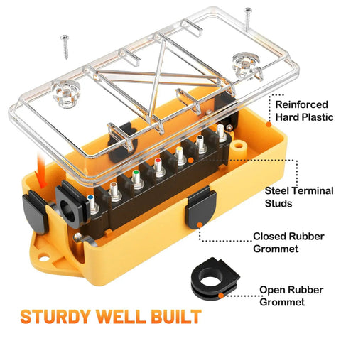 7 Way Trailer Wire Junction Box With Clear Color Coded Cover And 7 Pin Terminal Studs Heavy Duty 7 Gang Trailer Wiring Connector weatherproof electrical box with clear cover shown open, displaying terminal studs and rubber grommets.