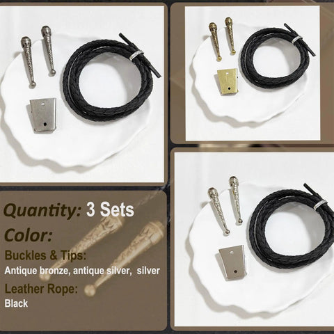 Three Pack Bolo Tie Findings Kit With Iron Slide Clasp Buckle, Alloy End Tips, And Braided Leather Cords For Men And Women, DIY Necktie Jewelry Making Supplies. 3 black braided cords with silver and gold tips