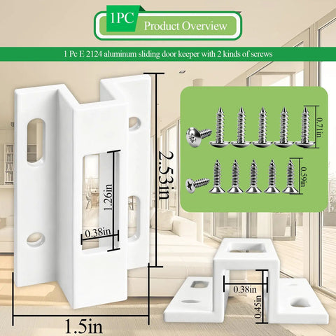 1 Piece E 2124 Aluminum Sliding Door Keeper With Dual Screw Pack For Hook Style Latch And Extruded Sliding Patio Doors No Fuss Fit For Most Major Sliding Glass Door Systems Durable Aluminum Construction image showing dimensions and screws