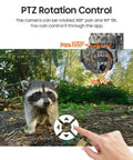Heavy Duty Camouflage Solar Security Camera Outdoor 6Mp 12X Zoom Foolproof PIR Detection Color Night Vision Two Way Audio Ip66 Waterproof Badass Perimeter Surveillance Rig in use with raccoon on screen.