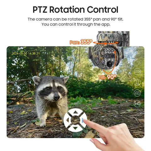 Heavy Duty Camouflage Solar Security Camera Outdoor 6Mp 12X Zoom Foolproof PIR Detection Color Night Vision Two Way Audio Ip66 Waterproof Badass Perimeter Surveillance Rig in use with raccoon on screen.
