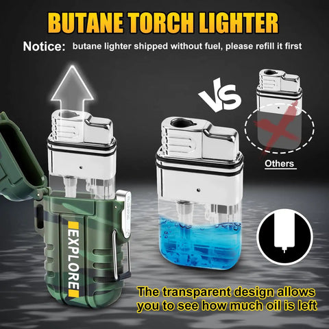 Butane torch lighter from Two Pack Outdoor Lighters That Are Waterproof And Windproof USB Rechargeable With Dual Arc Plasma Tech And Refillable Butane Torch Survival Tactical Gear For Men For Camping And Hiking showing transparent design.