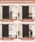 Multiple applications of Sliding Barn Door 42x84 Inch Four Panel Black Wave Shape Barn Door with Hardware Kit in various rooms.