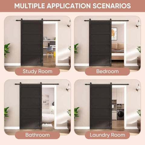 Multiple applications of Sliding Barn Door 42x84 Inch Four Panel Black Wave Shape Barn Door with Hardware Kit in various rooms.