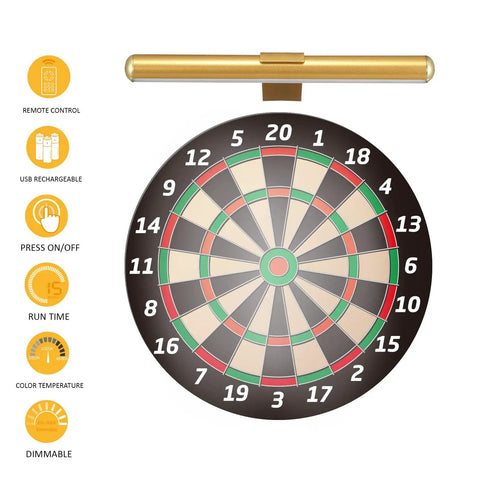Wireless Picture Light Battery Powered And Rechargeable With Remote, shown above a dartboard with control icons beside it.
