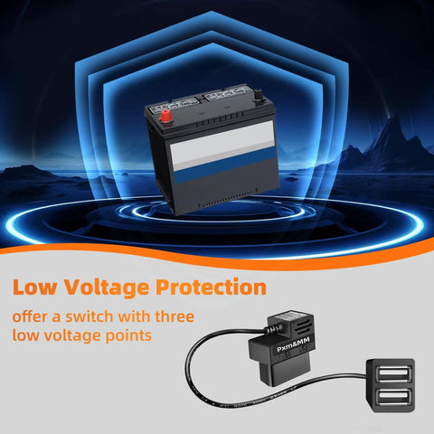 Illustration of Dash Cam Constant Power Cable With OBD II Adapter, featuring low voltage protection and dual USB ports.