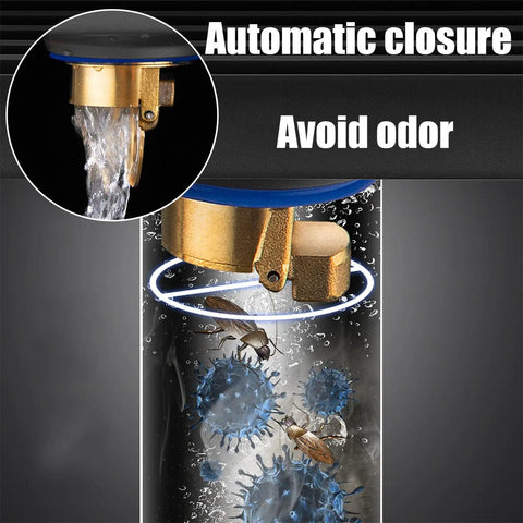 Sleek Linear Shower Drain With Locking Grate Cover For No Sweat Bathroom Floor Drainage And Anti Clog Hair Strainer Mesh Filter Effortless Cleanup Setup showing automatic closure feature.