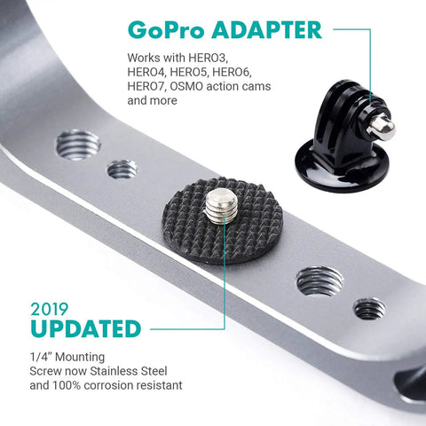 Underwater GoPro Rig With Cold Shoe Mounts And Wrist Strap For HERO3 To HERO8 And Osmo Action, corrosion-resistant aluminum tray detail