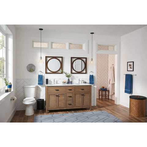 Bathroom with double sink vanity, mirrors, and a modern setup. No visible 1.2 GPM Single Hole Bathroom Faucet With Pop Up Drain Duralast Technology.
