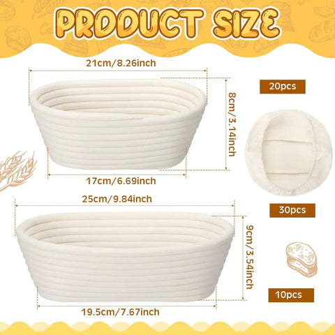 Product size chart for 30 Set Bulk Oval Banneton Bread Proofing Baskets With Cloth Liners Natural Rattan Dough Bowls Kit
